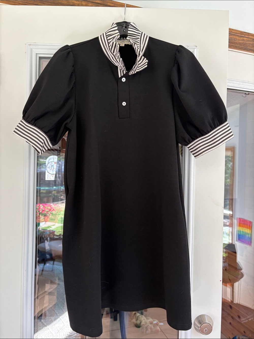 entro Black Puff Sleeve Mini Dress with Striped Collar